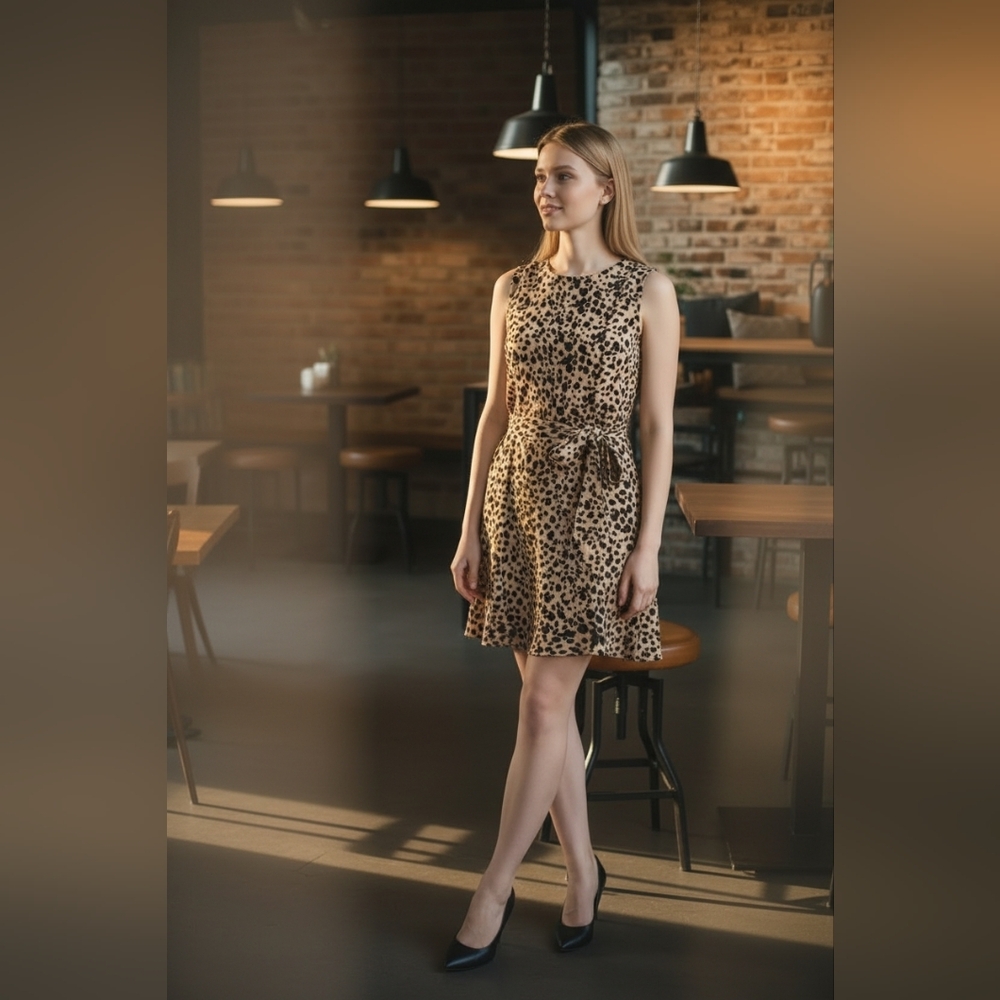 Marcs Leopard Print Silk Sleeveless Ruching Details Belted Sheath Dress